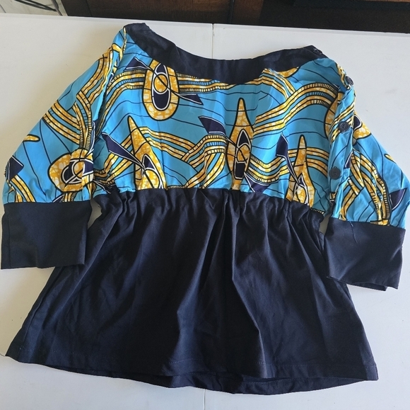 African Print Blouse Women L Blue Green 3/4 Sleeves Shoulder Buttons Flowy Artsy - Picture 2 of 8